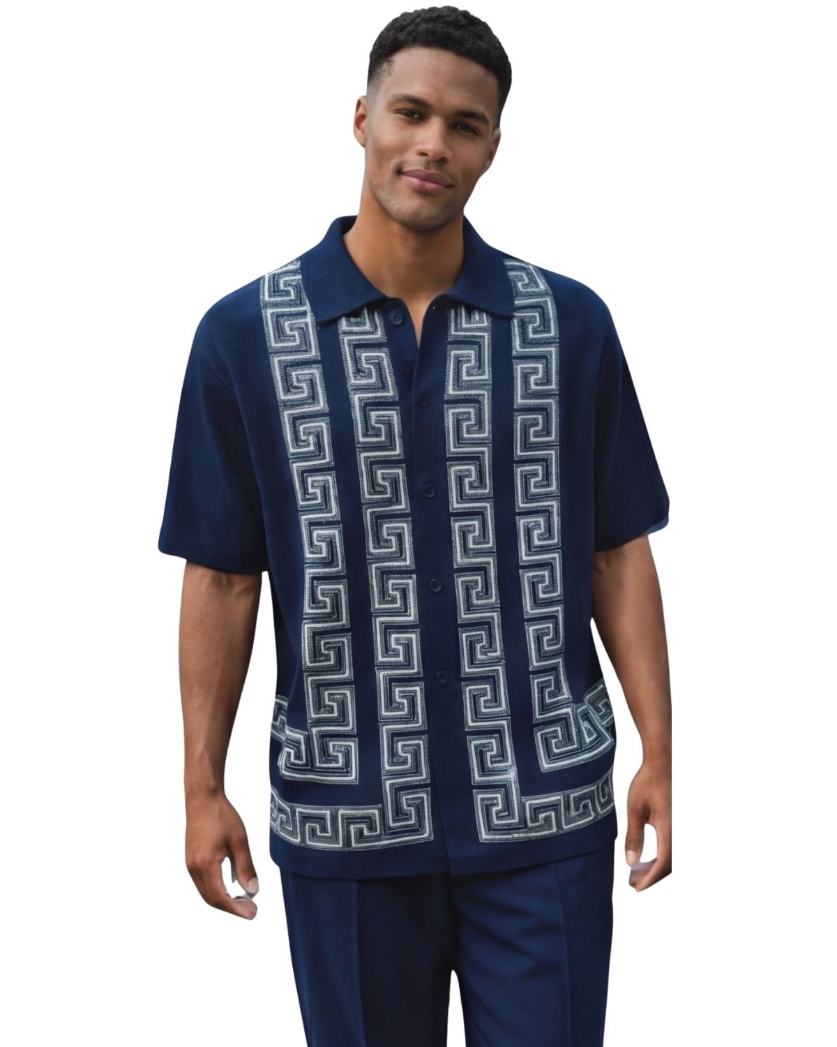 navy Greek key knit 2-piece walking suit set front view