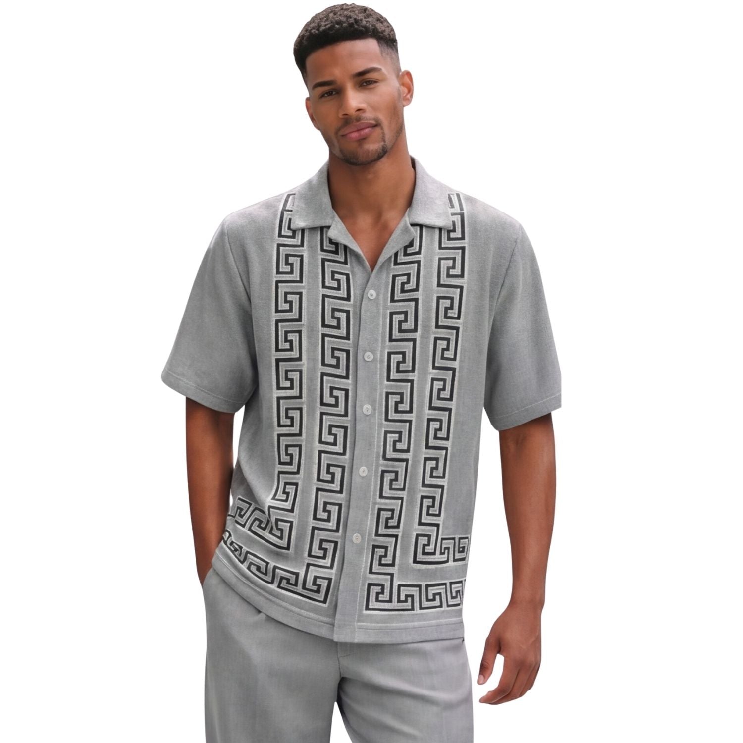 grey Greek key knit 2-piece walking suit set front view