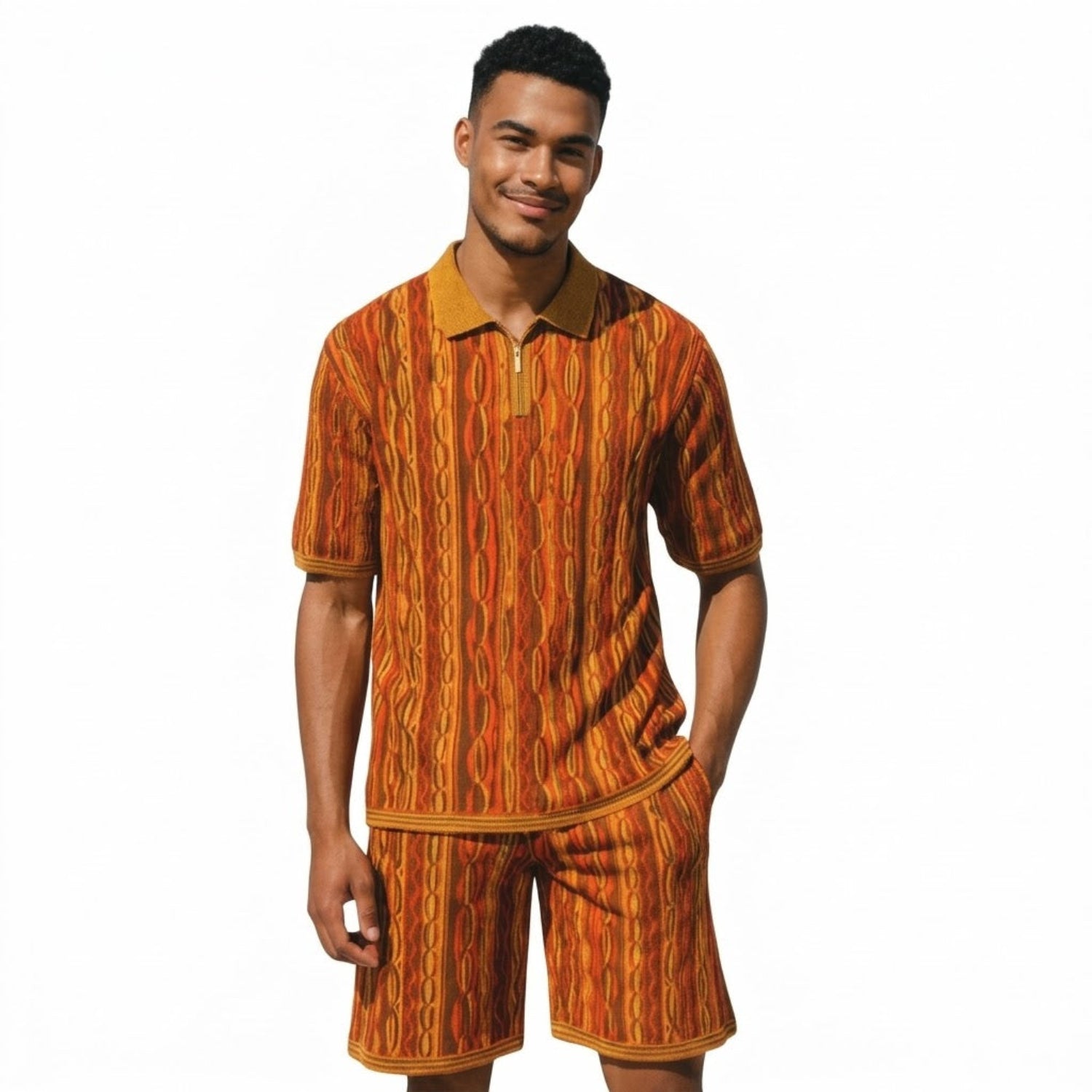 Brown textured knit 2-piece walking suit shorts set by Stacy Adams