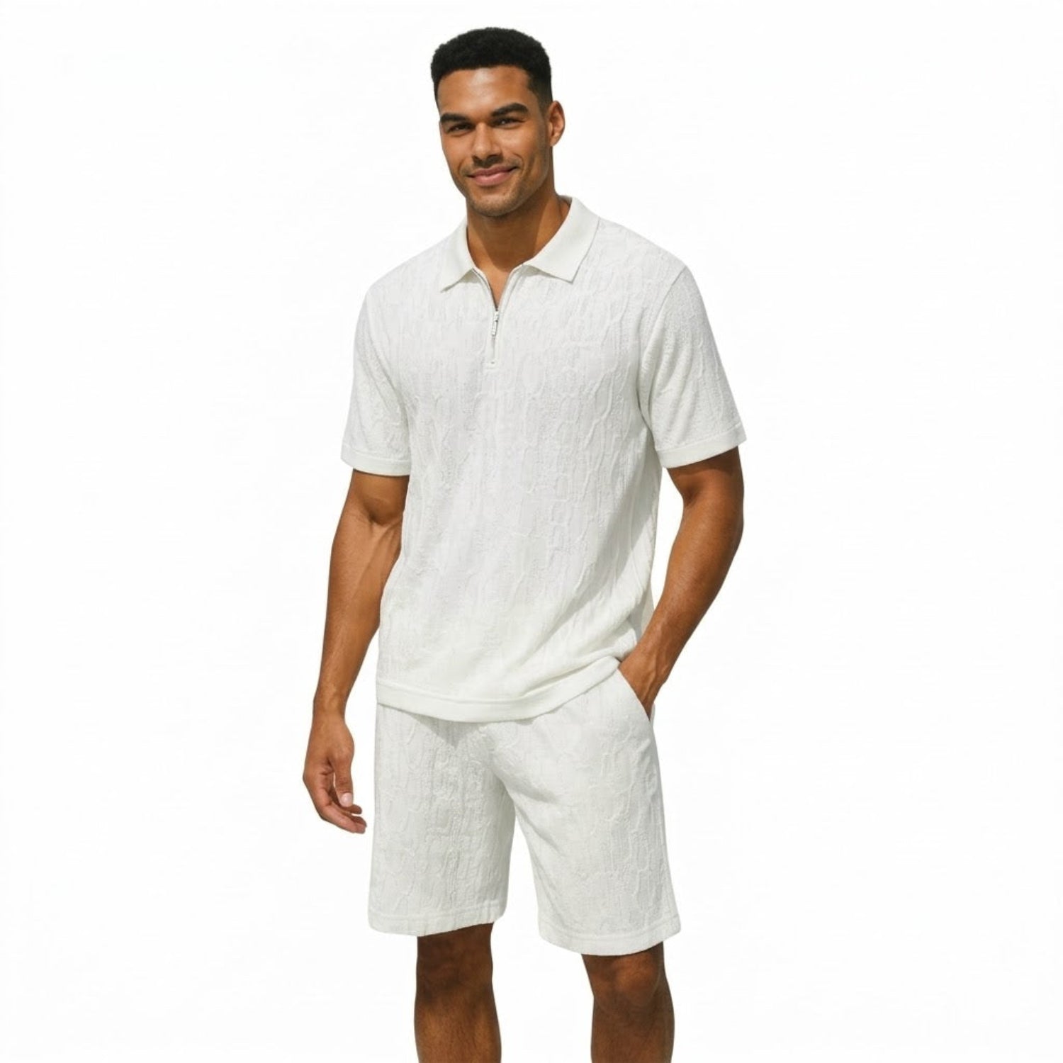 White textured knit 2-piece walking suit shorts set by Stacy Adams
