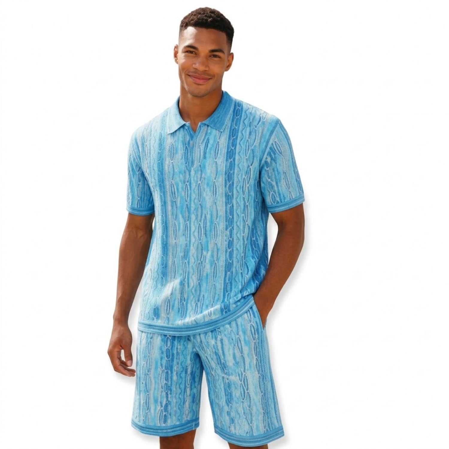 TURQUOISE textured knit 2-piece walking suit shorts set by Stacy Adams