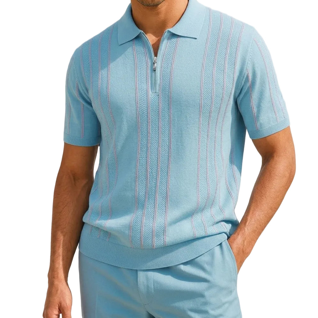 Blue Stacy Adams men's short-sleeve knit polo shirt with vertical pattern and quarter-zip closure