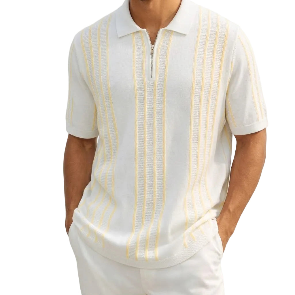 White Stacy Adams men's short-sleeve knit polo shirt with vertical pattern and quarter-zip closure