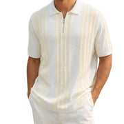 White Vertical Pattern Knit Zip Polo Shirt by Stacy Adams