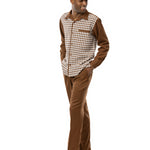 Calico Collection: Montique Checkered 2 Piece Long Sleeve Walking Suit Set In Saddle Brown