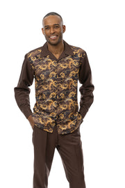 Men's Long Sleeve 2-Piece Print Design Walking Suit - Chocolate