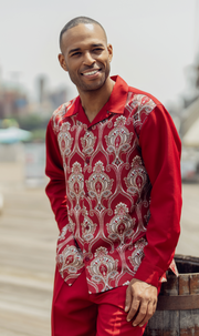Montique Red 2 Piece Print Design Long Sleeve Walking Suit