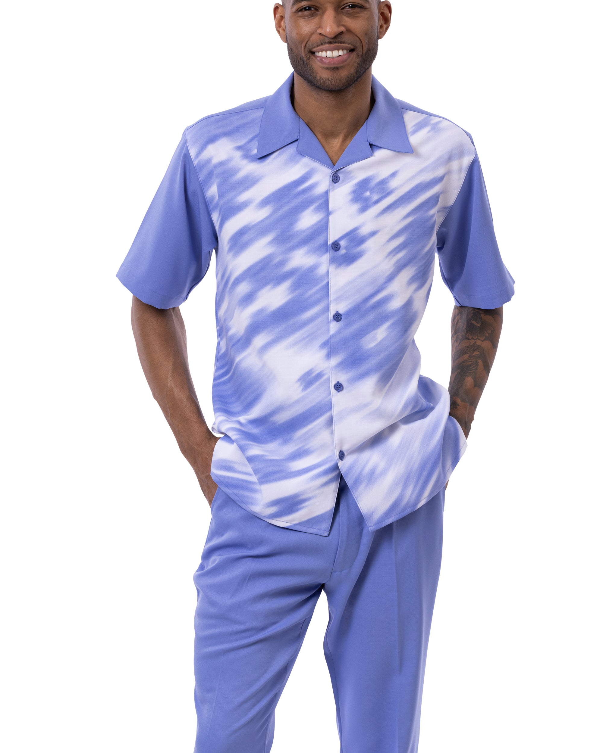Montique blue abstract print walking suit set
