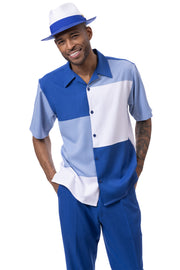 Montique 2 Piece Short Sleeve Color Block Walking Suit Set - Cobalt Blue