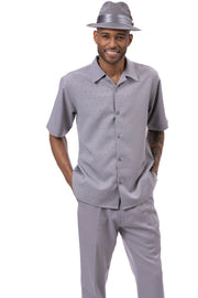 Montique 2 Piece Short Sleeve Tone on Tone Walking Suit Set - Grey