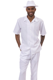 Montique 2 Piece Short Sleeve Tone on Tone Walking Suit Set - White