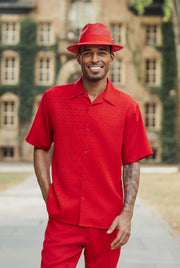 Montique 2 Piece Short Sleeve Tone on Tone Walking Suit Set - Red