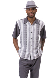 Men's Plaid 2-Piece Short Sleeve Walking Suit Set - Grey