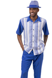 Men's Plaid 2-Piece Short Sleeve Walking Suit Set - Royal Blue