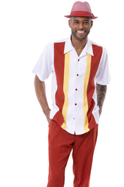 Montique 2 Piece Short Sleeve Vertical Color Block Walking Suit Set - Crimson Canary