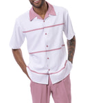 Edge Collection: Men's Horizontal Color Block Walking Suit Set In Rose Pink -2412