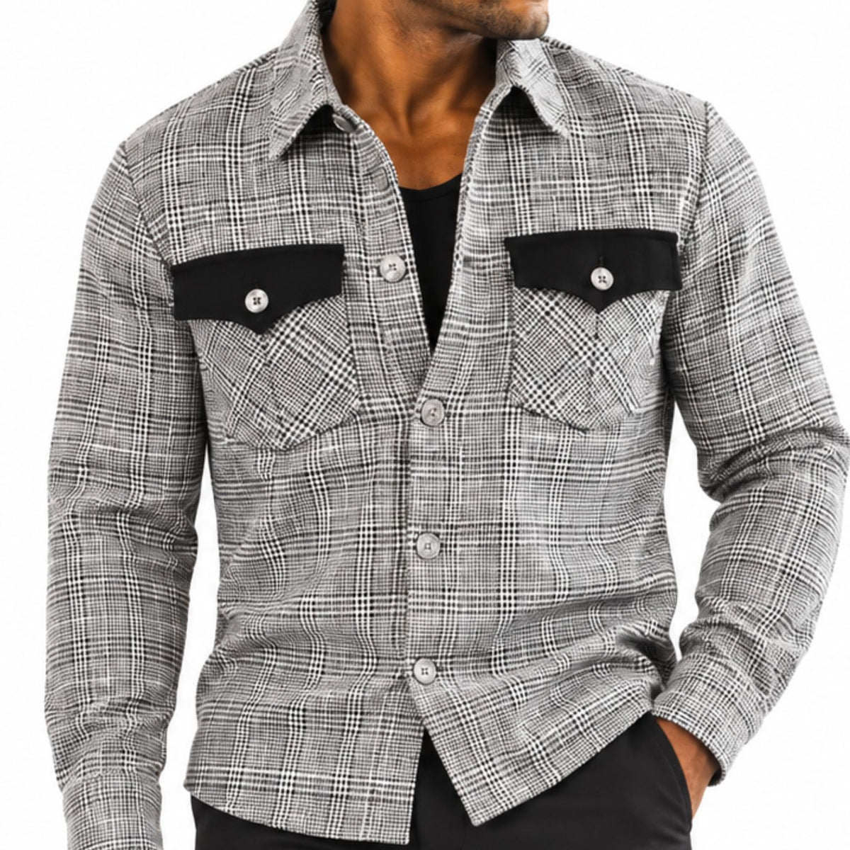 close-up of black and grey glen plaid jacket with contrasting chest flap pockets by Stacy Adams