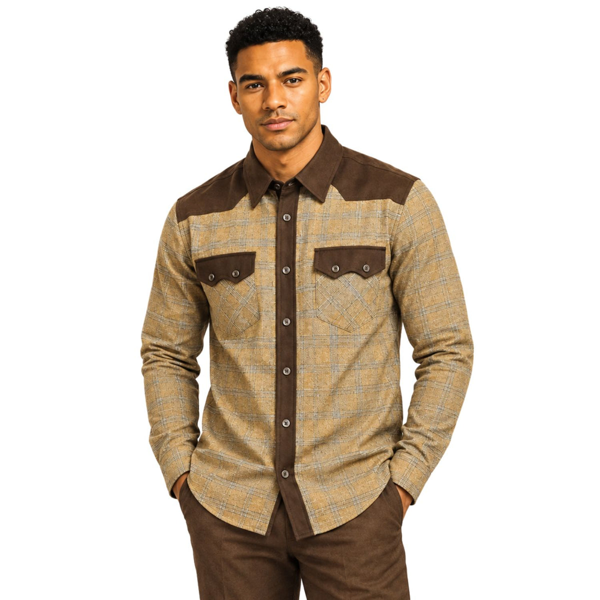 man wearing brown plaid 2-piece walking suit by Stacy Adams