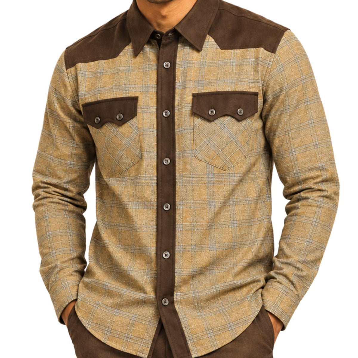 close-up of brown plaid walking suit shirt with contrasting brown trim by Stacy Adams