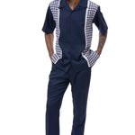 Vintage Charm Collection: Montique's Checker Plaid Color Block Walking Suit Set In Navy - 2421