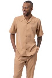 Montique 2 Piece Short Sleeve Solid Walking Suit Set - Tan
