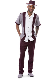 Montique Wine Houndstooth Color Block Walking Suit