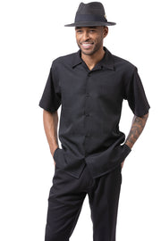 Men's 2-Piece Checker Tone-on-Tone Short Sleeve Walking Suit Set - Black