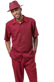 Men's 2-Piece Checker Tone-on-Tone Short Sleeve Walking Suit Set - Burgundy
