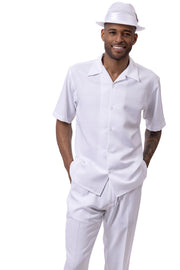 Men's 2-Piece Checker Tone-on-Tone Short Sleeve Walking Suit Set - White