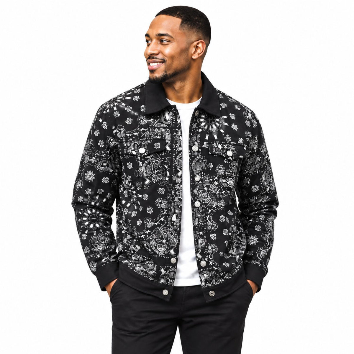 man wearing black bandana print jacket by Stacy Adams