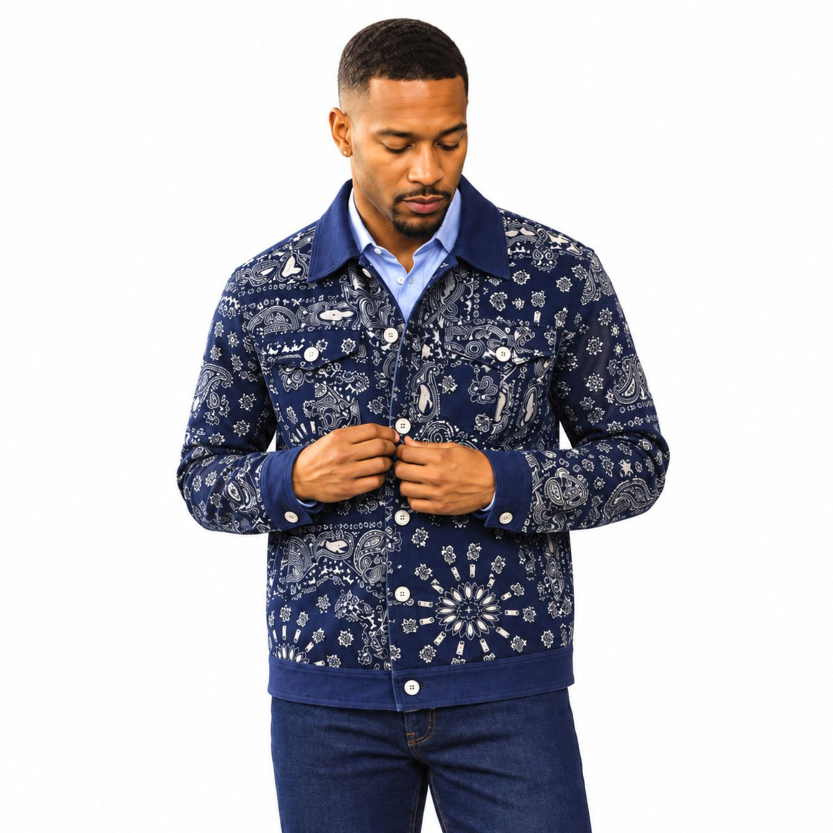 man wearing navy bandana print jacket by Stacy Adams
