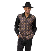 Montique Men's Black & Gold Print Design 2-Piece Long Sleeve Walking Suit