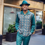 Montique Men's Emerald & Gold Print Design 2-Piece Long Sleeve Walking Suit
