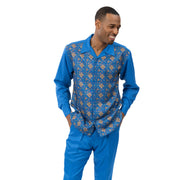 Montique Men's Blue & Gold Print Design 2-Piece Long Sleeve Walking Suit