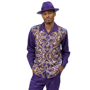 Montique Men's Purple and Gold 2-Piece Patterned Long Sleeve Walking Suit Set