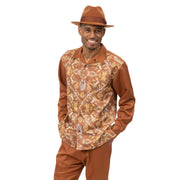 Montique Men's Caramel and Gold 2-Piece Patterned Long Sleeve Walking Suit Set