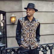 Montique Men's Black and Gold 2-Piece Patterned Long Sleeve Walking Suit Set