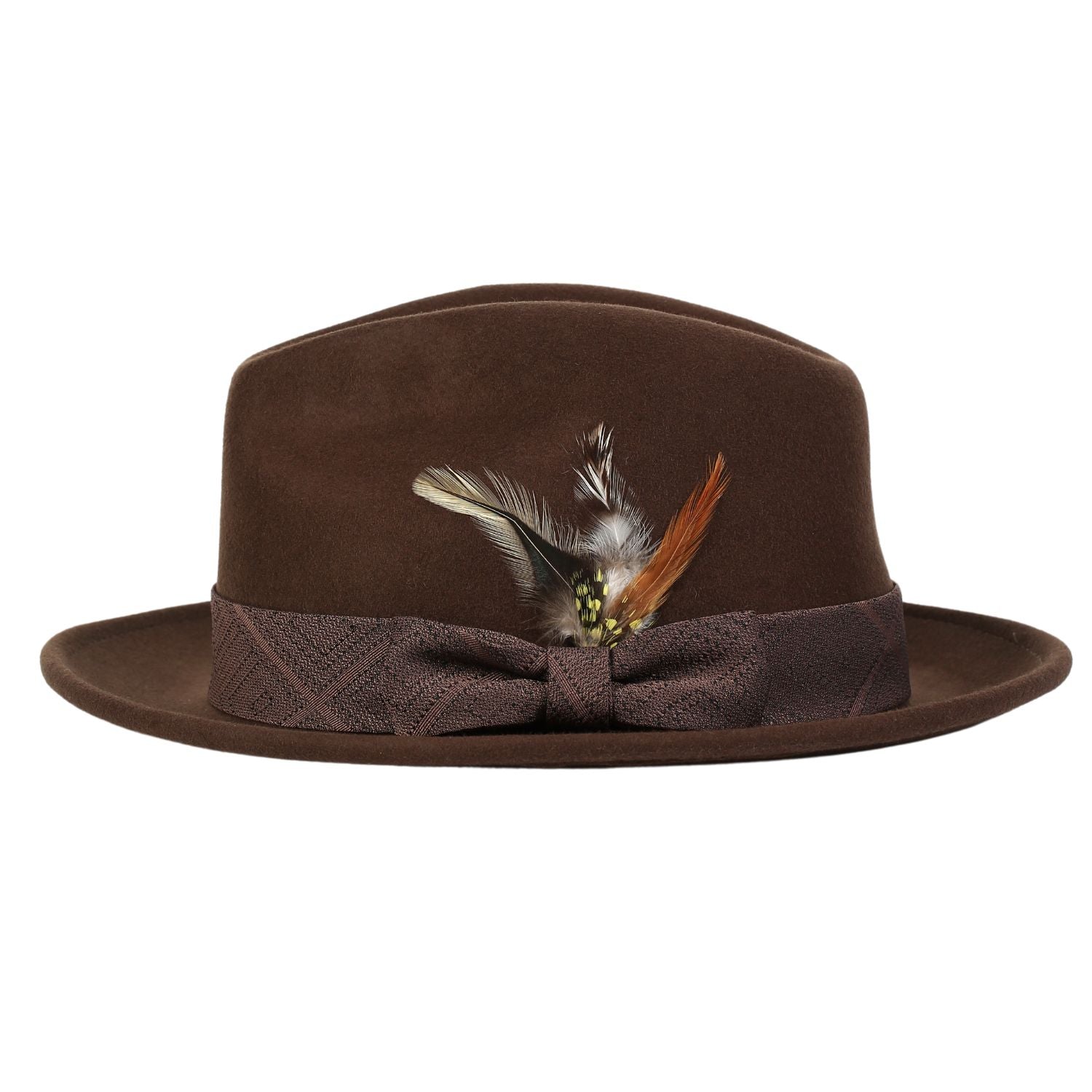 feather accent brown fedora close up