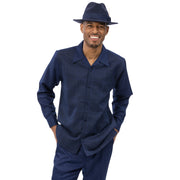 Navy Tone-on-Tone Windowpane Long Sleeve Walking Suit Set - Classic Fit