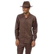 Brown Tone-on-Tone Windowpane Long Sleeve Walking Suit Set - Classic Fit
