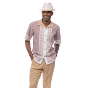Beige Vertical Stripe Panel Short Sleeve Walking Suit Set - Classic Fit