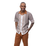 Cognac Vertical Stripe Panel Short Sleeve Walking Suit Set - Classic Fit