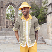 Gold Vertical Stripe Panel Short Sleeve Walking Suit Set - Classic Fit
