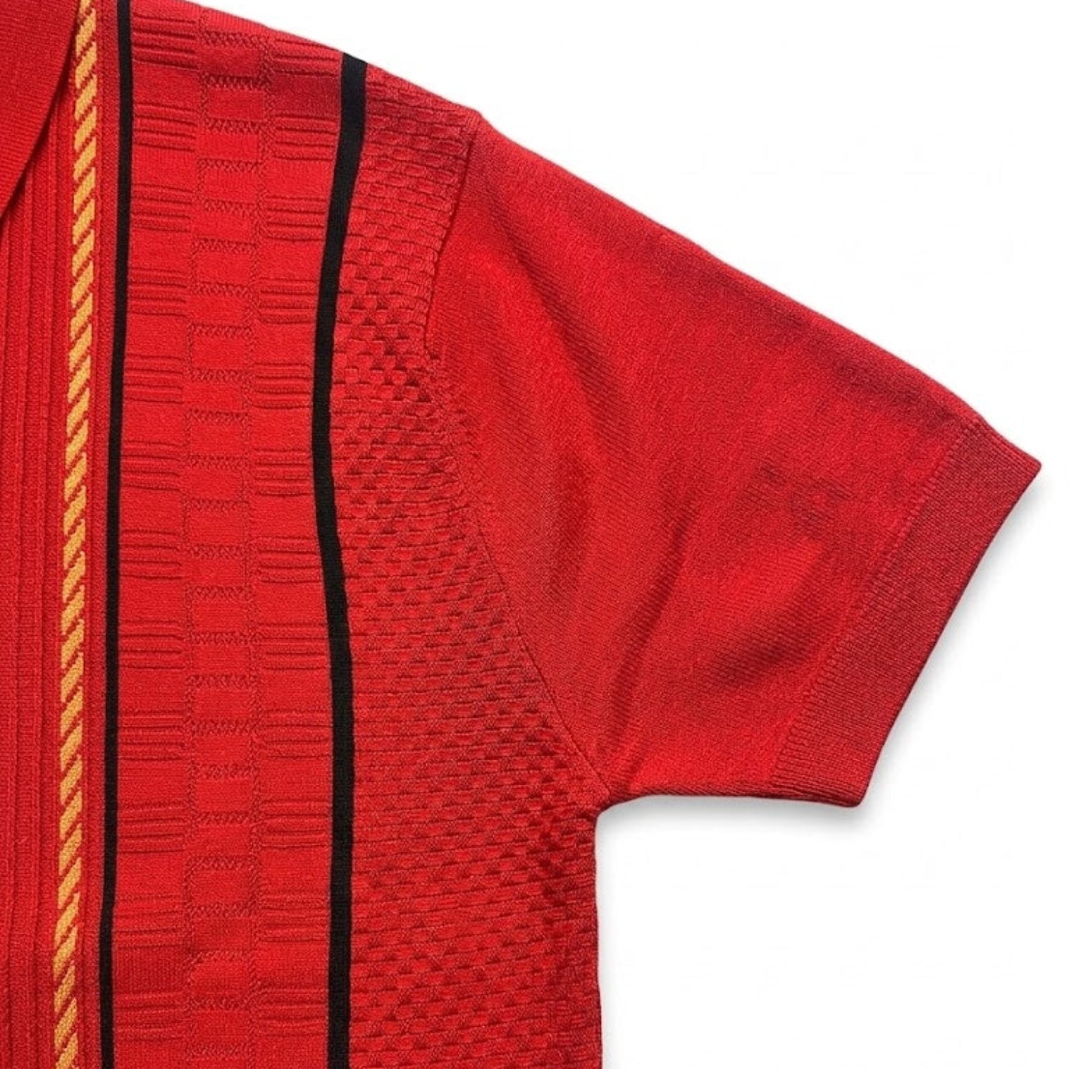 close-up fabric details of red textured knit striped short sleeve shirt