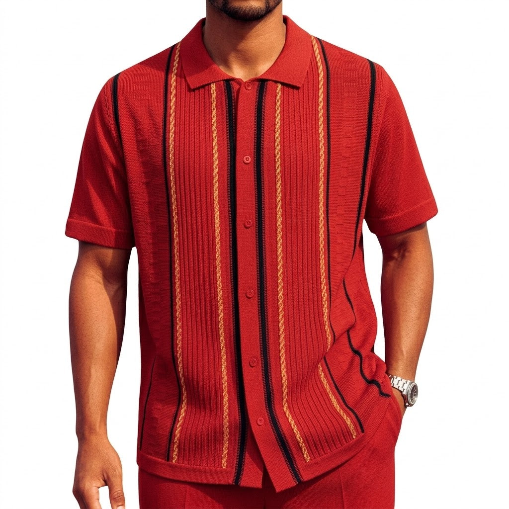 red rope knit striped button down shirt