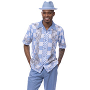 Carolina Blue Paisley Check Short Sleeve Walking Suit Set - Classic Fit