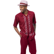 Burgundy Geometric Front Short Sleeve Walking Suit Set - Classic Fit