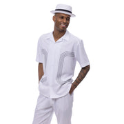 White Geometric Embroidered Short Sleeve Walking Suit Set - Classic Fit