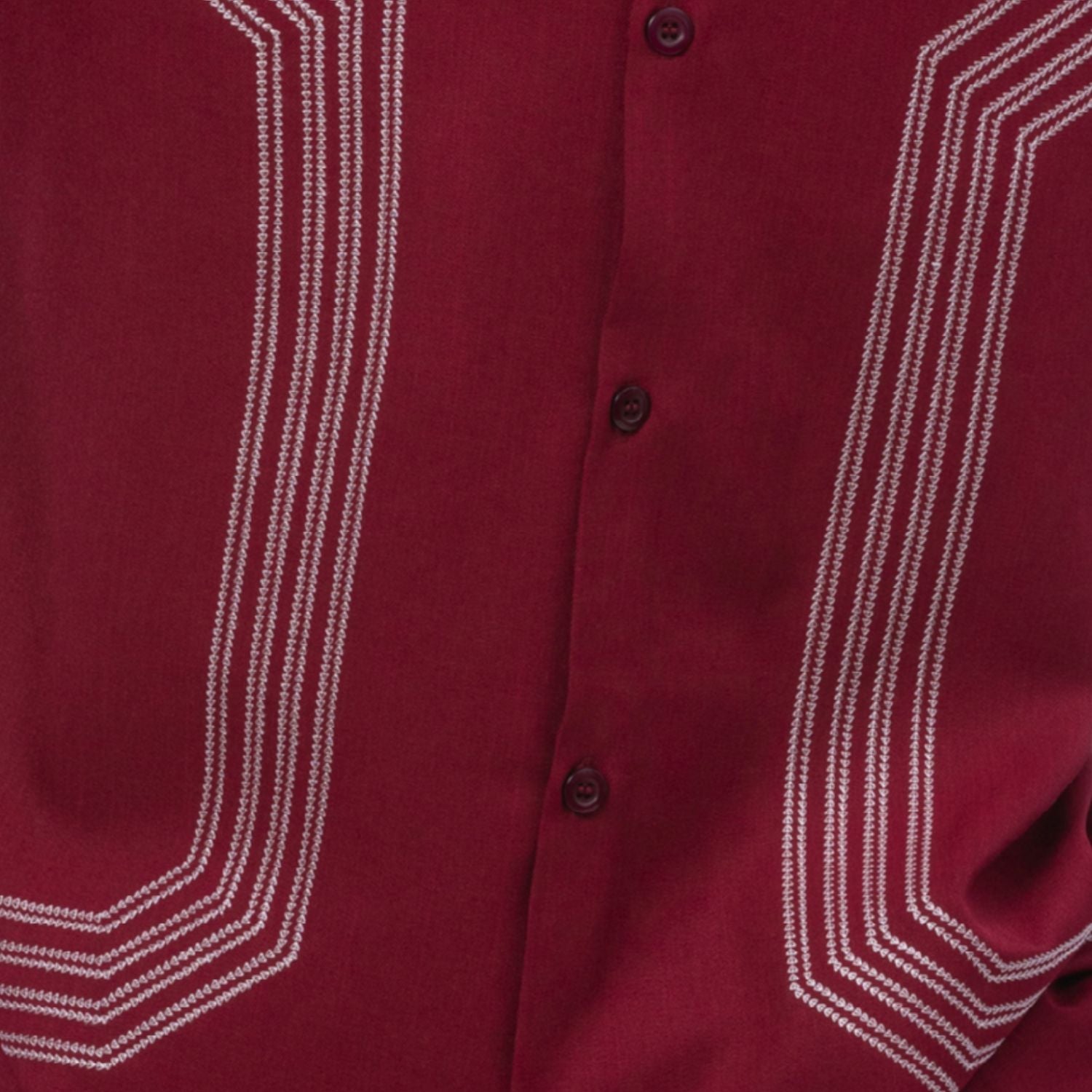 Close up of the Burgundy walking suit with geometric embroidery panel shirt and solid pants