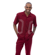Burgundy Geometric Embroidered Short Sleeve Walking Suit Set - Classic Fit